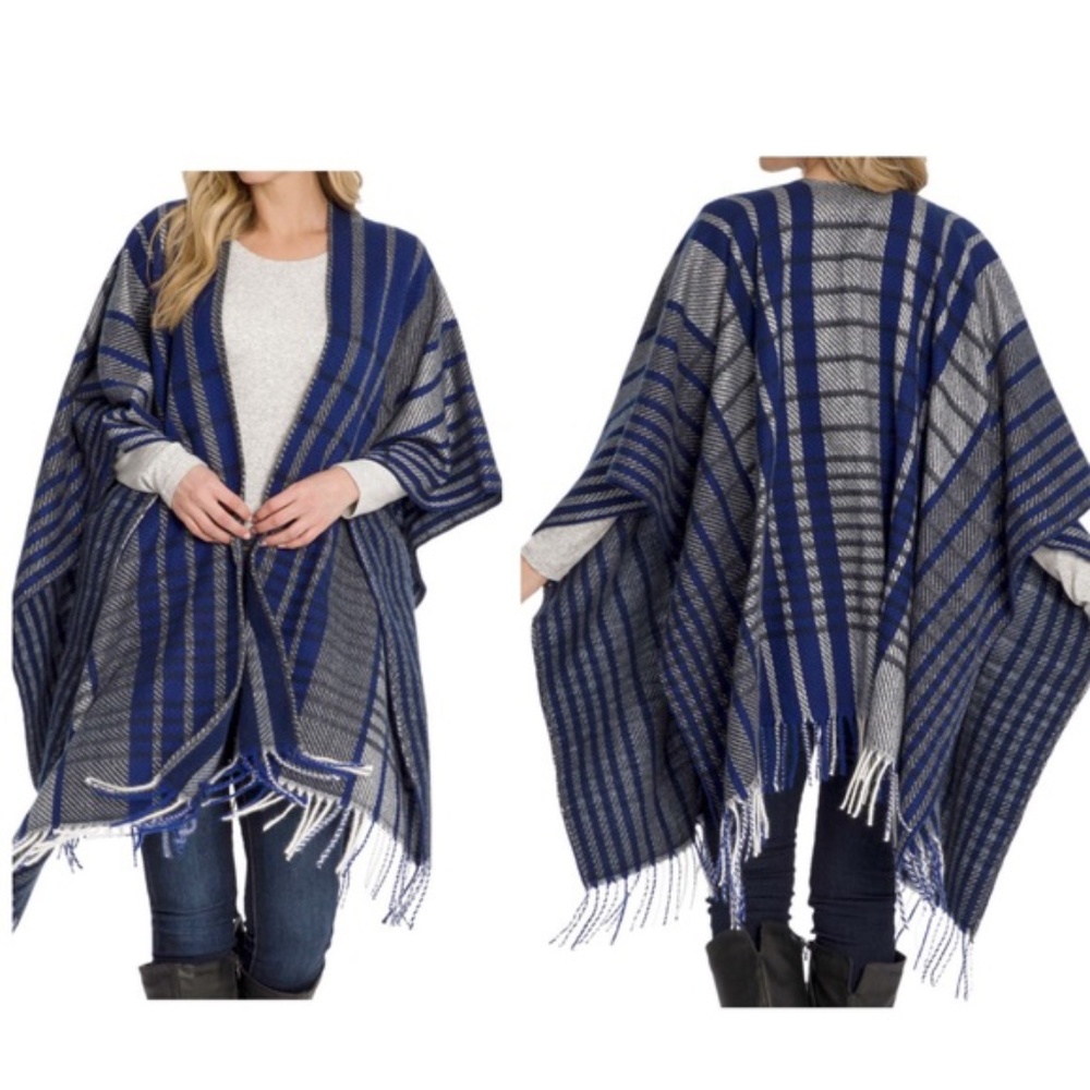 Woolrich Cozy Blanket Wrap Sweater Blue Plaid